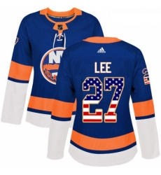 Womens Adidas New York Islanders 27 Anders Lee Authentic Royal Blue USA Flag Fashion NHL Jersey 