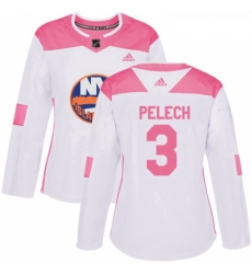 Womens Adidas New York Islanders 3 Adam Pelech Authentic White Pink Fashion NHL Jersey 