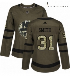 Womens Adidas New York Islanders 31 Billy Smith Authentic Green Salute to Service NHL Jersey 