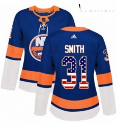 Womens Adidas New York Islanders 31 Billy Smith Authentic Royal Blue USA Flag Fashion NHL Jersey 