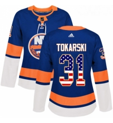 Womens Adidas New York Islanders 31 Dustin Tokarski Authentic Royal Blue USA Flag Fashion NHL Jersey 