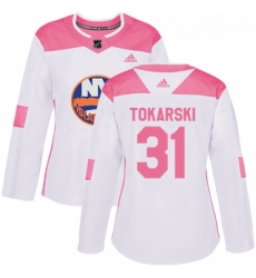 Womens Adidas New York Islanders 31 Dustin Tokarski Authentic White Pink Fashion NHL Jersey 