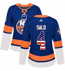 Womens Adidas New York Islanders 4 Robin Salo Authentic Royal Blue USA Flag Fashion NHL Jersey 