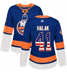 Womens Adidas New York Islanders 41 Jaroslav Halak Authentic Royal Blue USA Flag Fashion NHL Jersey 