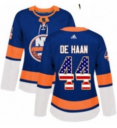 Womens Adidas New York Islanders 44 Calvin de Haan Authentic Royal Blue USA Flag Fashion NHL Jersey 