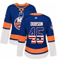 Womens Adidas New York Islanders 45 Noah Dobson Authentic Royal Blue USA Flag Fashion NHL Jersey 