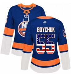 Womens Adidas New York Islanders 55 Johnny Boychuk Authentic Royal Blue USA Flag Fashion NHL Jersey 