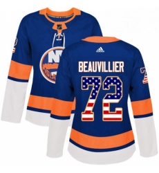 Womens Adidas New York Islanders 72 Anthony Beauvillier Authentic Royal Blue USA Flag Fashion NHL Jersey 