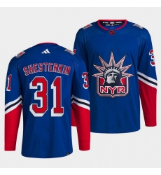 Men New York Rangers 31 Igor Shesterkin Blue 2022 Reverse Retro Stitched Jersey