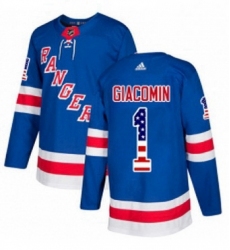 Mens Adidas New York Rangers 1 Eddie Giacomin Authentic Royal Blue USA Flag Fashion NHL Jersey 