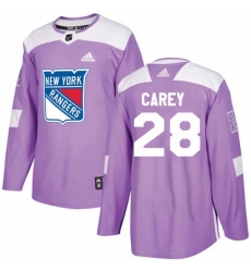 Mens Adidas New York Rangers 28 Paul Carey Authentic Purple Fights Cancer Practice NHL Jersey 