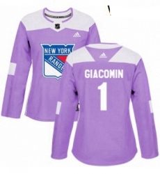 Womens Adidas New York Rangers 1 Eddie Giacomin Authentic Purple Fights Cancer Practice NHL Jersey 