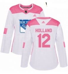 Womens Adidas New York Rangers 12 Peter Holland Authentic White Pink Fashion NHL Jersey 