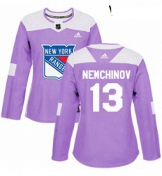 Womens Adidas New York Rangers 13 Sergei Nemchinov Authentic Purple Fights Cancer Practice NHL Jersey 