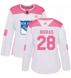 Womens Adidas New York Rangers 28 Chris Bigras Authentic White Pink Fashion NHL Jersey 