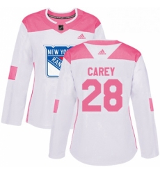 Womens Adidas New York Rangers 28 Paul Carey Authentic WhitePink Fashion NHL Jersey 