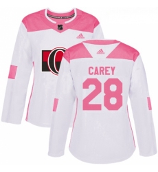 Womens Adidas Ottawa Senators 28 Paul Carey Authentic White Pink Fashion NHL Jersey 