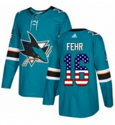 Mens Adidas San Jose Sharks 16 Eric Fehr Authentic Teal Green USA Flag Fashion NHL Jerse