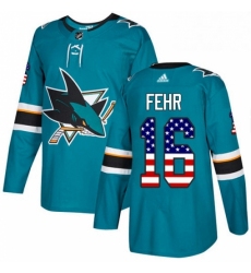 Mens Adidas San Jose Sharks 16 Eric Fehr Authentic Teal Green USA Flag Fashion NHL Jersey 