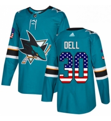 Mens Adidas San Jose Sharks 30 Aaron Dell Authentic Teal Green USA Flag Fashion NHL Jersey 