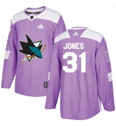 Mens Adidas San Jose Sharks 31 Martin Jones Authentic Purple Fights Cancer Practice NHL Jersey 