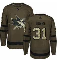 Mens Adidas San Jose Sharks 31 Martin Jones Premier Green Salute to Service NHL Jersey 
