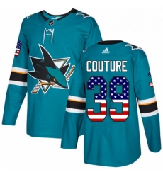 Mens Adidas San Jose Sharks 39 Logan Couture Authentic Teal Green USA Flag Fashion NHL Jersey 
