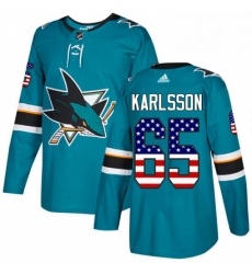 Mens Adidas San Jose Sharks 65 Erik Karlsson Authentic Teal Green USA Flag Fashion NHL Jersey 