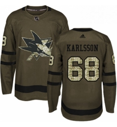 Mens Adidas San Jose Sharks 68 Melker Karlsson Authentic Green Salute to Service NHL Jersey 
