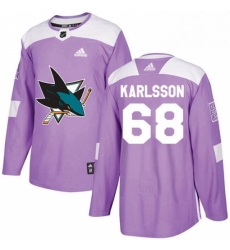 Mens Adidas San Jose Sharks 68 Melker Karlsson Authentic Purple Fights Cancer Practice NHL Jersey 