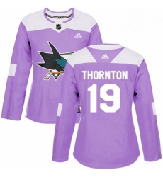 Womens Adidas San Jose Sharks 19 Joe Thornton Authentic Purple Fights Cancer Practice NHL Jersey 