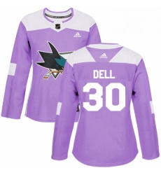 Womens Adidas San Jose Sharks 30 Aaron Dell Authentic Purple Fights Cancer Practice NHL Jersey 
