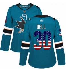 Womens Adidas San Jose Sharks 30 Aaron Dell Authentic Teal Green USA Flag Fashion NHL Jersey 