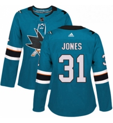Womens Adidas San Jose Sharks 31 Martin Jones Authentic Teal Green Home NHL Jersey 