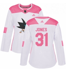 Womens Adidas San Jose Sharks 31 Martin Jones Authentic WhitePink Fashion NHL Jersey 