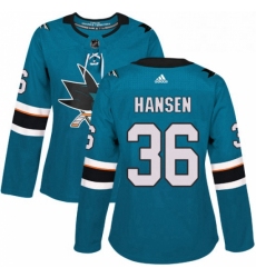 Womens Adidas San Jose Sharks 36 Jannik Hansen Authentic Teal Green Home NHL Jersey 