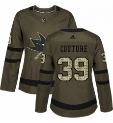 Womens Adidas San Jose Sharks 39 Logan Couture Authentic Green Salute to Service NHL Jersey 