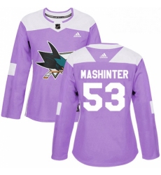 Womens Adidas San Jose Sharks 53 Brandon Mashinter Authentic Purple Fights Cancer Practice NHL Jersey 
