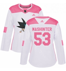 Womens Adidas San Jose Sharks 53 Brandon Mashinter Authentic WhitePink Fashion NHL Jersey 