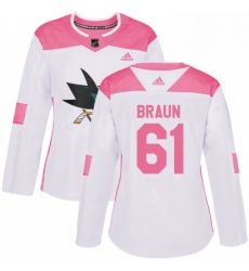 Womens Adidas San Jose Sharks 61 Justin Braun Authentic WhitePink Fashion NHL Jersey 