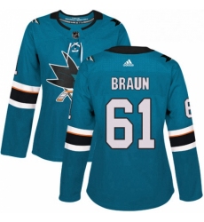 Womens Adidas San Jose Sharks 61 Justin Braun Premier Teal Green Home NHL Jersey 