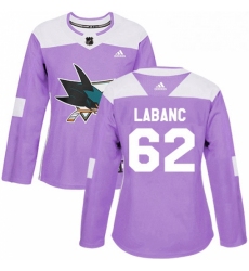 Womens Adidas San Jose Sharks 62 Kevin Labanc Authentic Purple Fights Cancer Practice NHL Jersey 