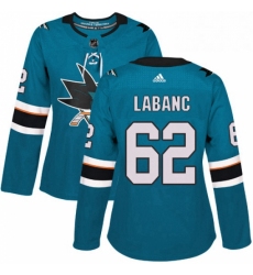 Womens Adidas San Jose Sharks 62 Kevin Labanc Authentic Teal Green Home NHL Jersey 