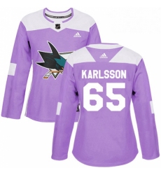 Womens Adidas San Jose Sharks 65 Erik Karlsson Authentic Purple Fights Cancer Practice NHL Jersey 
