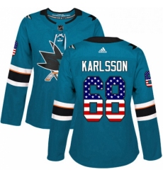 Womens Adidas San Jose Sharks 68 Melker Karlsson Authentic Teal Green USA Flag Fashion NHL Jersey 