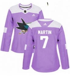 Womens Adidas San Jose Sharks 7 Paul Martin Authentic Purple Fights Cancer Practice NHL Jersey 