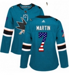 Womens Adidas San Jose Sharks 7 Paul Martin Authentic Teal Green USA Flag Fashion NHL Jersey 