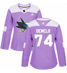 Womens Adidas San Jose Sharks 74 Dylan DeMelo Authentic Purple Fights Cancer Practice NHL Jersey 