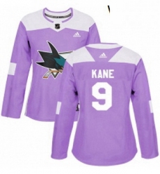 Womens Adidas San Jose Sharks 9 Evander Kane Authentic Purple Fights Cancer Practice NHL Jerse