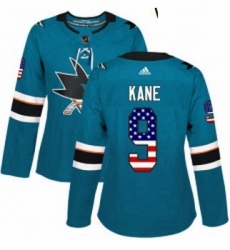 Womens Adidas San Jose Sharks 9 Evander Kane Authentic Teal Green USA Flag Fashion NHL Jerse